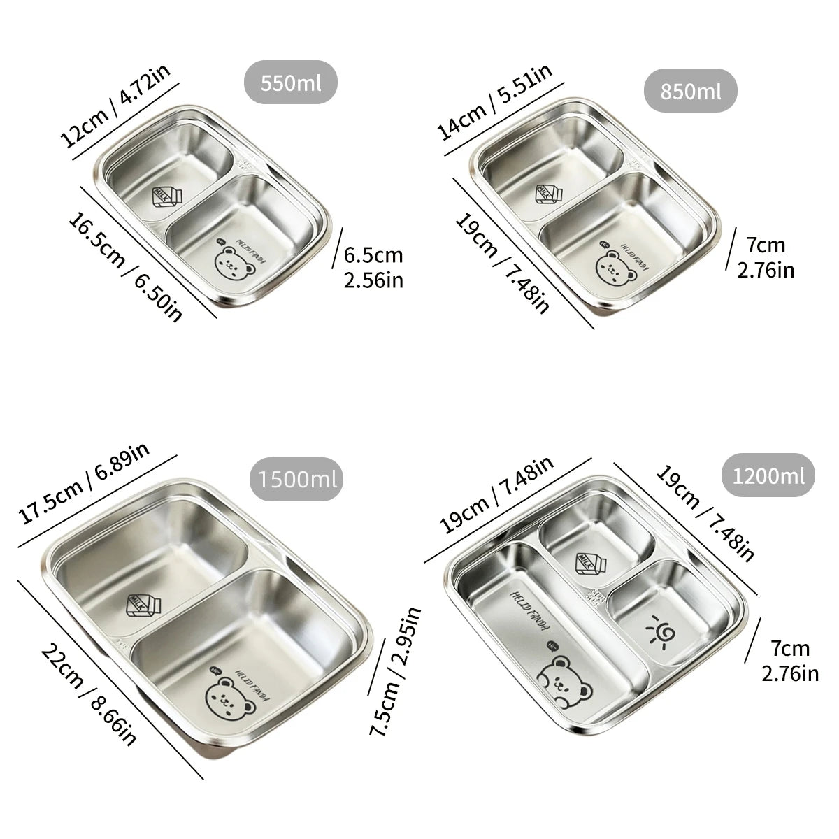 WORTHBUY 304 Stainless Steel Divided Bento Lunch Box Portable Leak-proof Food Container With Compartments For Students Kids