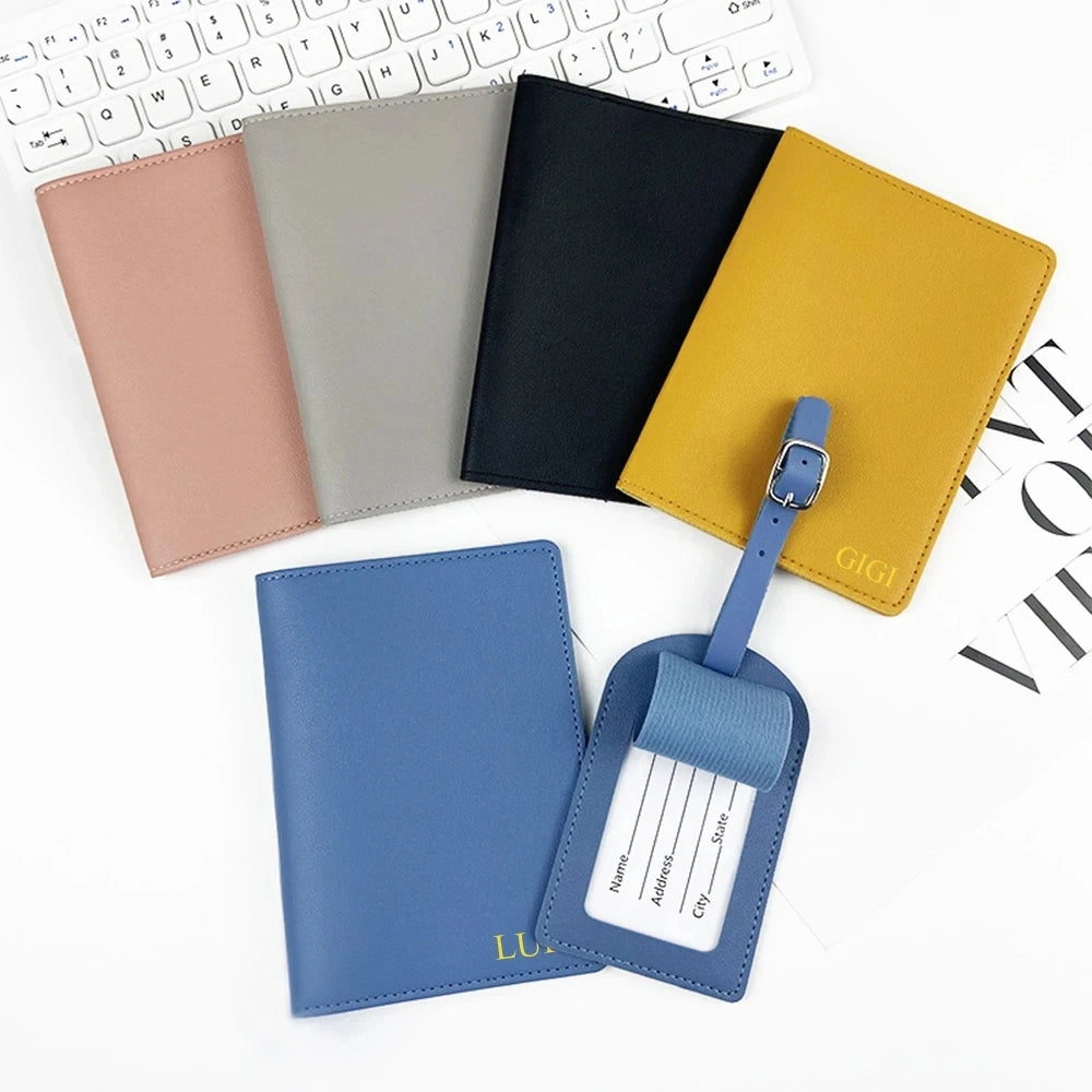 Free Custom Name Passport Cover Luggage Tag Set Fashion Soomth PU Leather Ticket Passport Holder Personalize Travel Purse