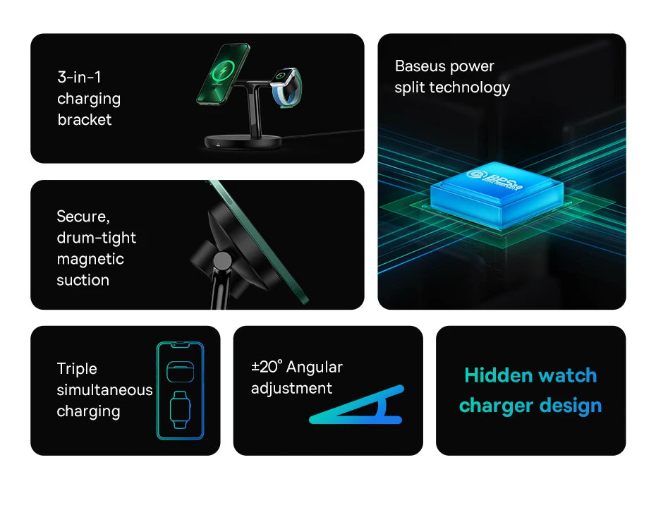 Baseus 3 in 1 20W Magnetic Wireless Charger Stand For Phone iPhone 15 14 Pro Airpods Apple Watch Fast Charging Station Holder