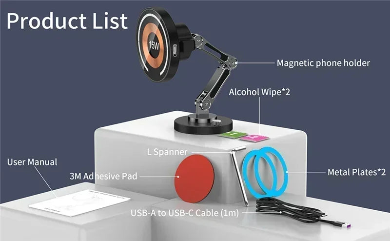 Magnetic Car Wireless Charger for iPhone 15 14 Pro Max Car Phone Holder 360 Rotation Metal Foldable Charging Stand for Samsung