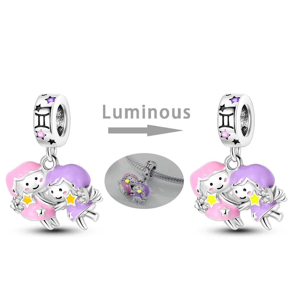Zodiac Signs Original Charms 925 Sterling Silver Glow in Dark Pendants Beads Fit Bracelet DIY Jewelry Birthday Gift for Women