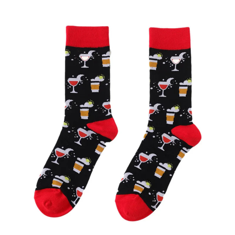 58 Style Food Theme Men Cartoon Socks Cotton Fruit Banana beer coffee bean doughnut sandwich hamburger sushi ice crea Long Socks