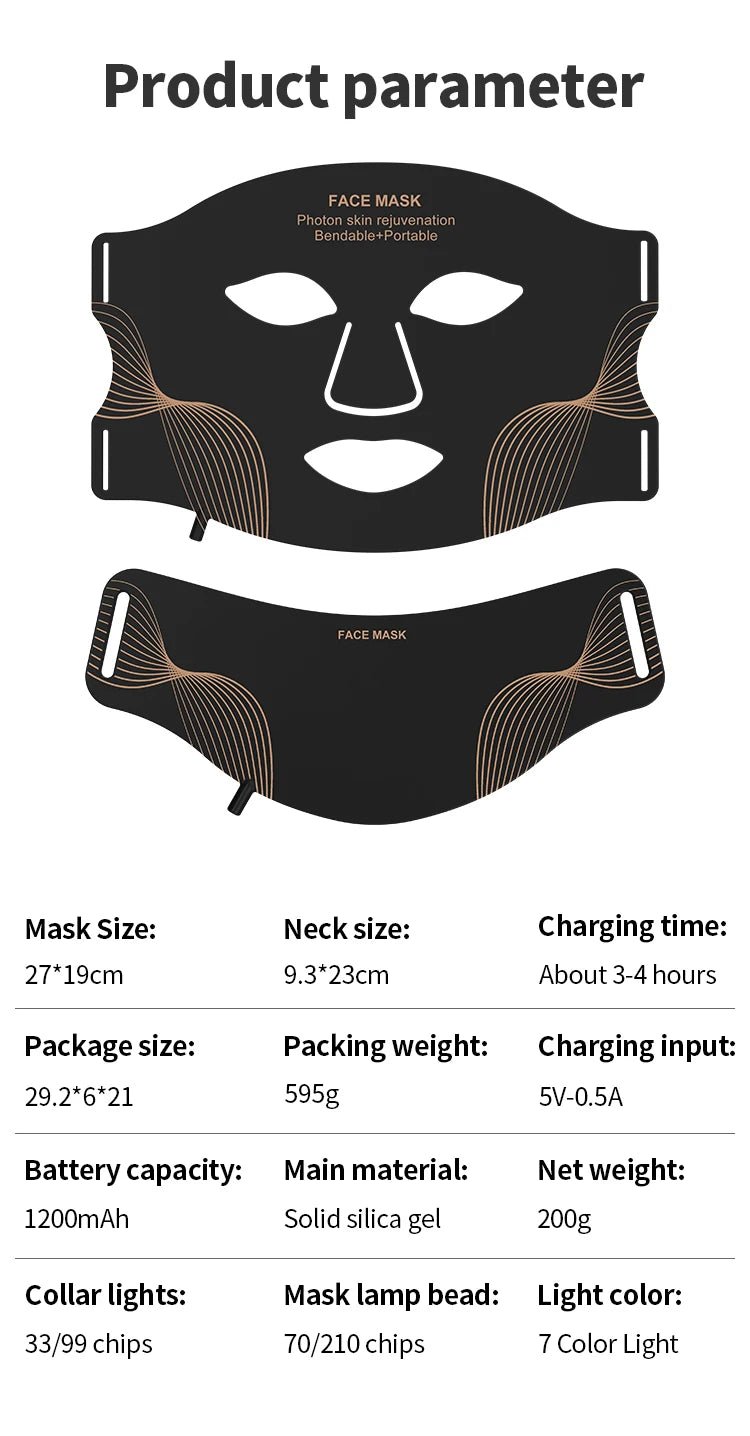 7 Color LED Face Mask with Neck Wireless Portable Red Light Therapy for Anti-Aging, Wrinkles, Skin Rejuvenation, Home Use