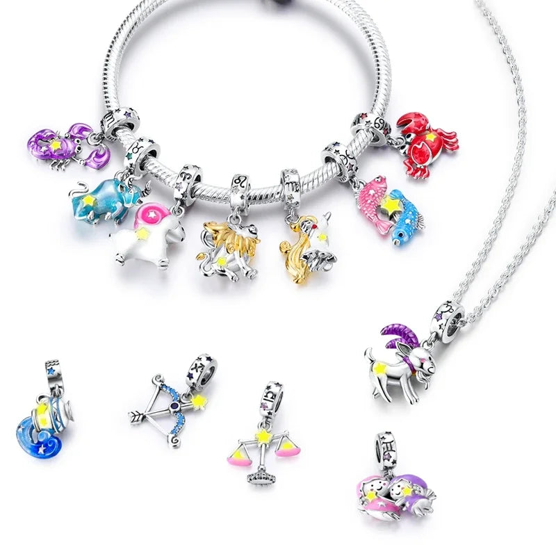Zodiac Signs Original Charms 925 Sterling Silver Glow in Dark Pendants Beads Fit Bracelet DIY Jewelry Birthday Gift for Women