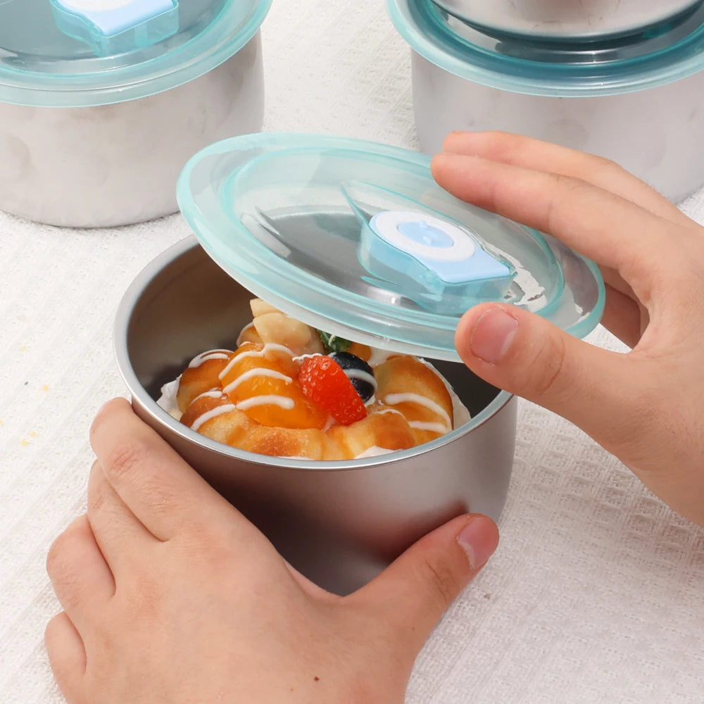 Round Leak-proof Lunch Box with Cover Stainless Steel Food Preservation Box Heat Resistant Sealed Food Storage Tank Tableware