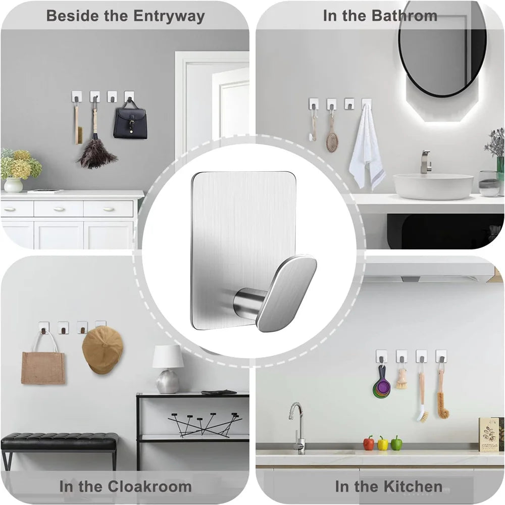 Wall Adhesive Towel Hooks Heavy Duty Stick on Wall Hooks Hanging Clothes Hats Bathroom Kitchen 304 Stainless Steel Hanger Hook