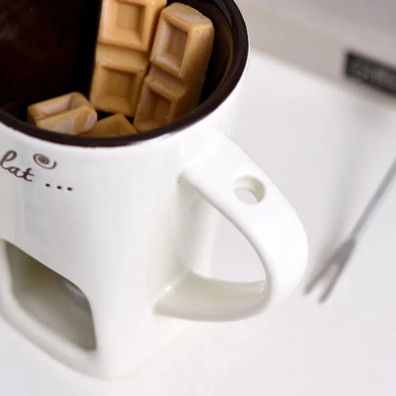 European Candle Cup Cheese Chocolate Melting Ceramic Mug Heating Food Ceramic Mug with Fork Creative Coffee Mug Tableware 130ML