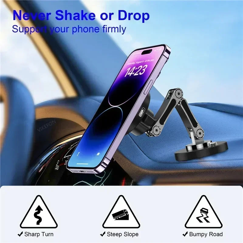 Magnetic Car Wireless Charger for iPhone 15 14 Pro Max Car Phone Holder 360 Rotation Metal Foldable Charging Stand for Samsung