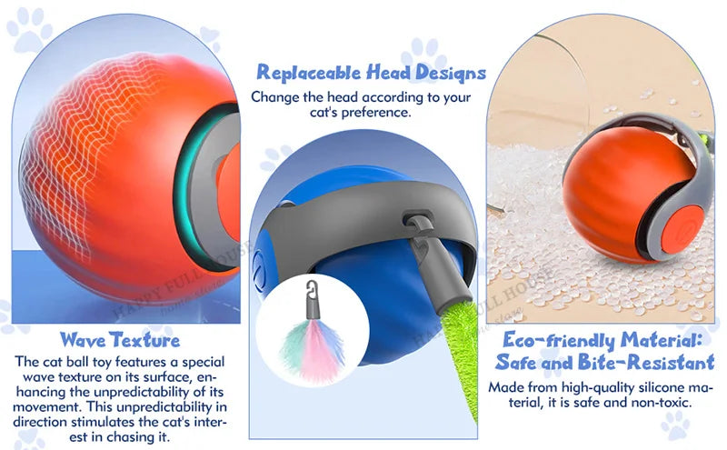 Smart Interactive Cat Toy Balls, Speedy Tail 2.0 Cat Toys, 2 Speed Adjustment Automatic Moving Ball with Replacement Tail