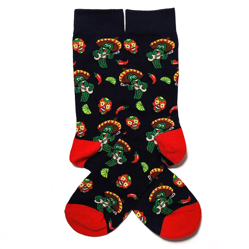 58 Style Food Theme Men Cartoon Socks Cotton Fruit Banana beer coffee bean doughnut sandwich hamburger sushi ice crea Long Socks