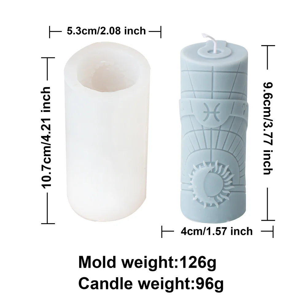 Zodiac Pillar Candle Mold DIY Twelve Constellation Tall Cylindrical Sun Luna Moon Pattern Silicone Mold Astrological Sign Decor