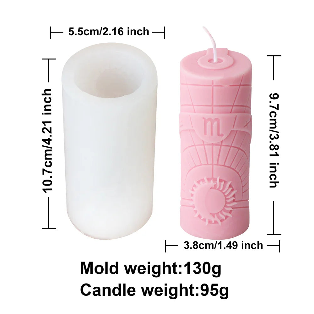 Zodiac Pillar Candle Mold DIY Twelve Constellation Tall Cylindrical Sun Luna Moon Pattern Silicone Mold Astrological Sign Decor