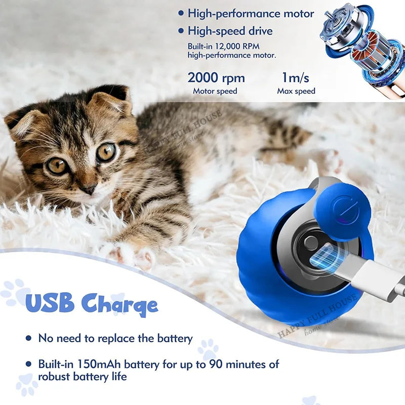 Smart Interactive Cat Toy Balls, Speedy Tail 2.0 Cat Toys, 2 Speed Adjustment Automatic Moving Ball with Replacement Tail