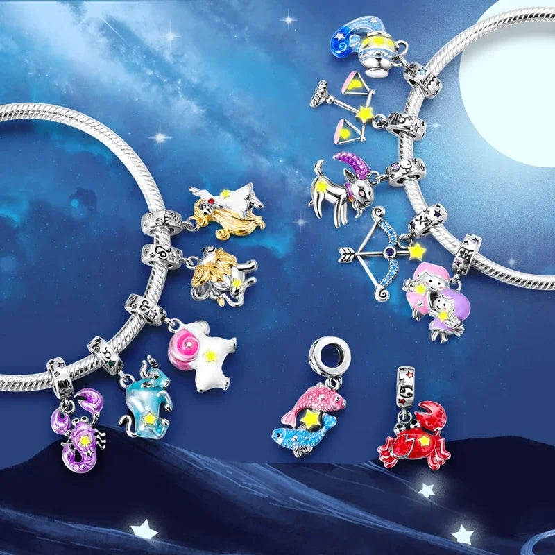 Zodiac Signs Original Charms 925 Sterling Silver Glow in Dark Pendants Beads Fit Bracelet DIY Jewelry Birthday Gift for Women