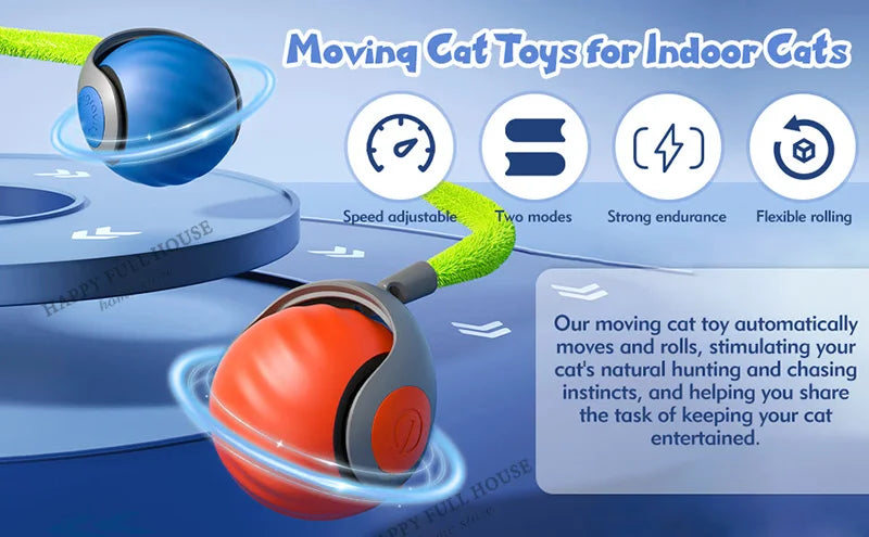 Smart Interactive Cat Toy Balls, Speedy Tail 2.0 Cat Toys, 2 Speed Adjustment Automatic Moving Ball with Replacement Tail
