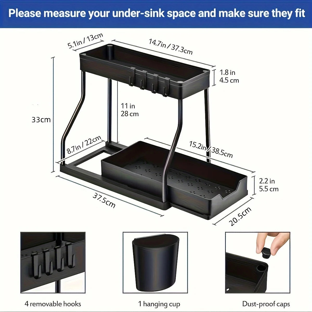 1Pc Under Sink 2 Tier Sliding Cabinet Basket Organizer Drawer Pull Out Cabinet Multi-Purpose Sink Organizer for Bathroom Kitchen