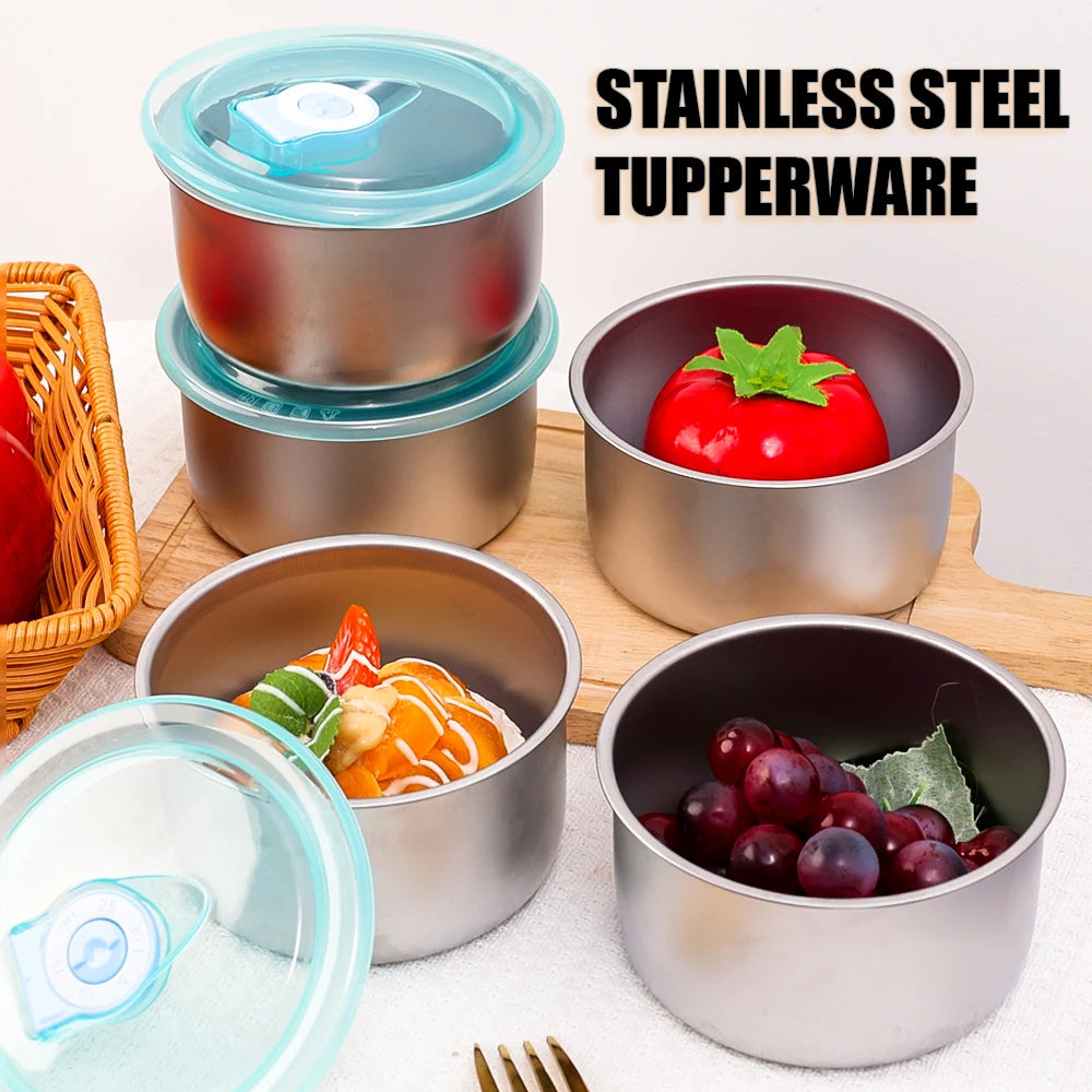 Round Leak-proof Lunch Box with Cover Stainless Steel Food Preservation Box Heat Resistant Sealed Food Storage Tank Tableware