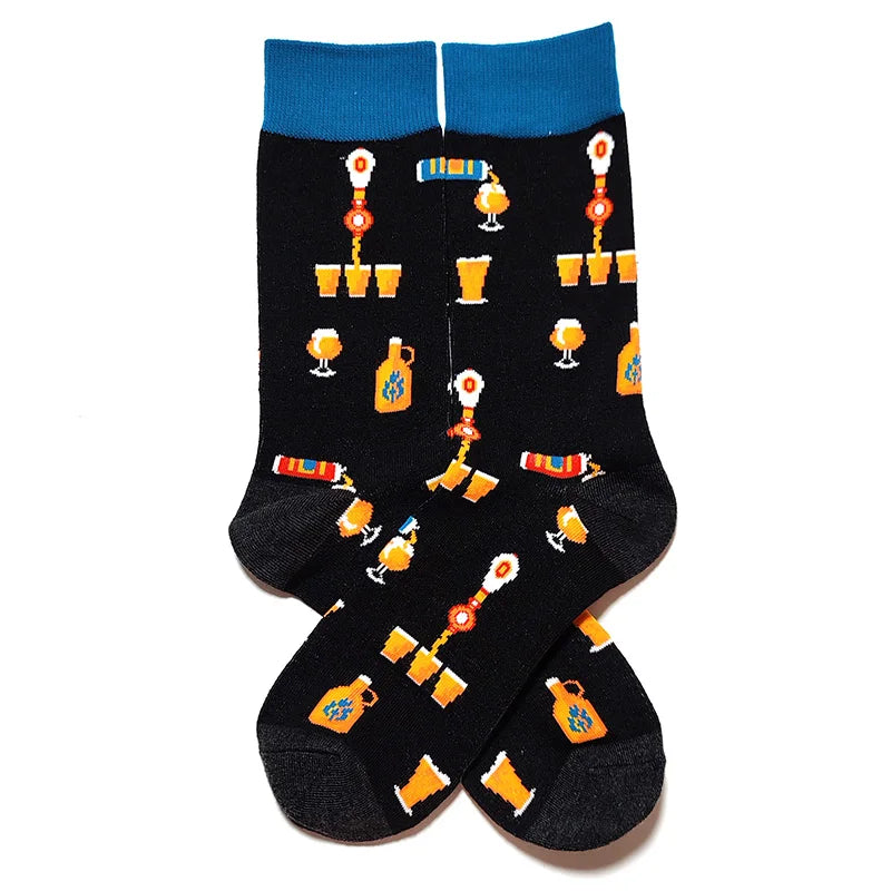58 Style Food Theme Men Cartoon Socks Cotton Fruit Banana beer coffee bean doughnut sandwich hamburger sushi ice crea Long Socks