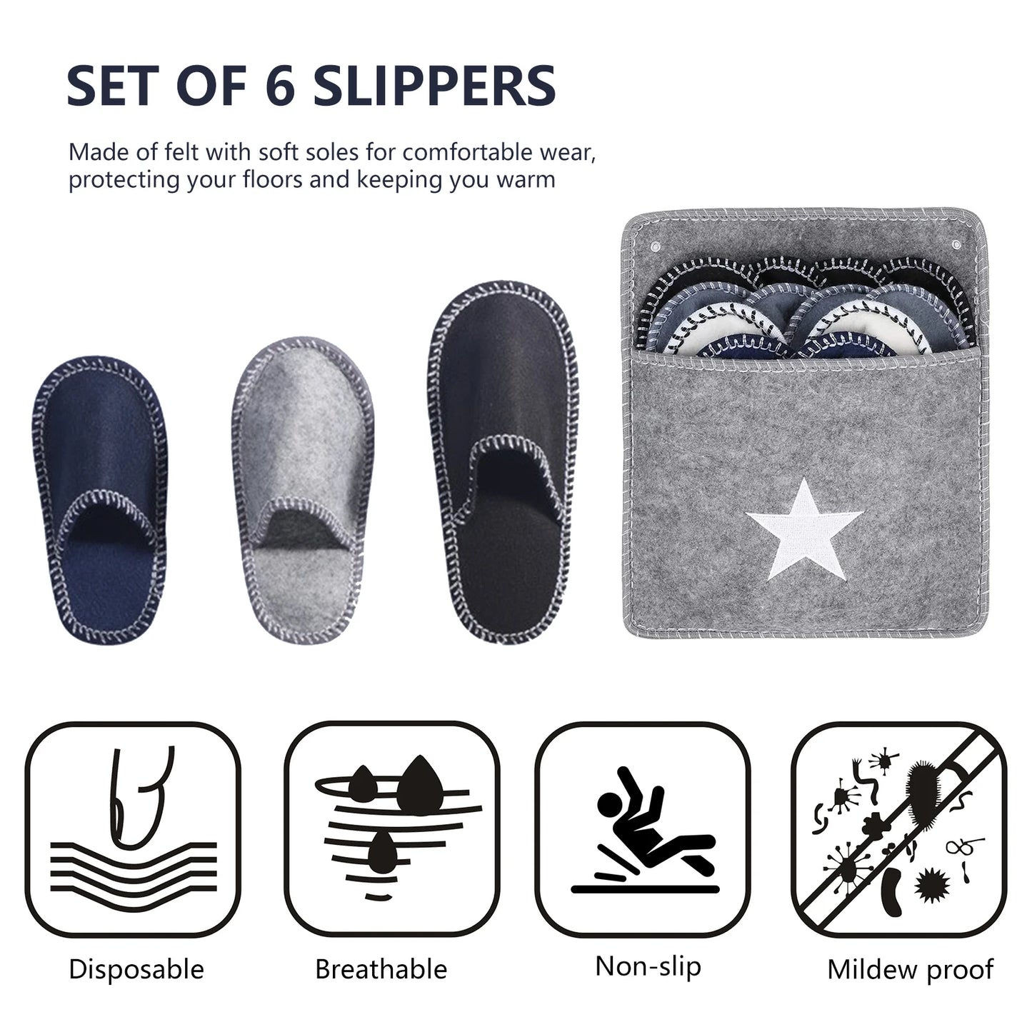6 Pairs Disposable Slippers with Non-Slip Sole Closed Toe Unisex Slippers for Shoeless Home for Bedroom Wedding Party Travel