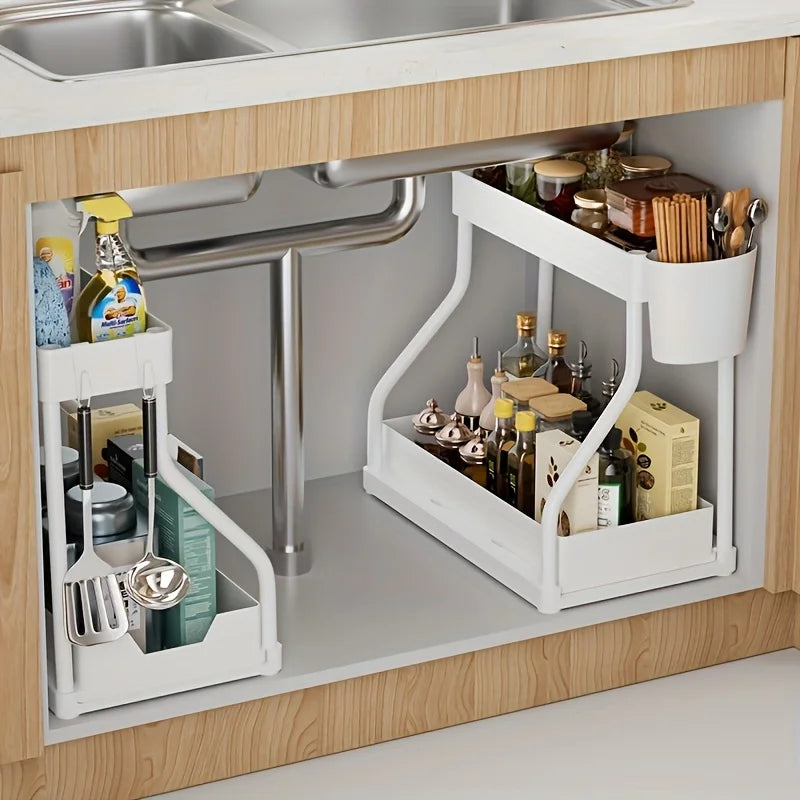 1Pc Under Sink 2 Tier Sliding Cabinet Basket Organizer Drawer Pull Out Cabinet Multi-Purpose Sink Organizer for Bathroom Kitchen