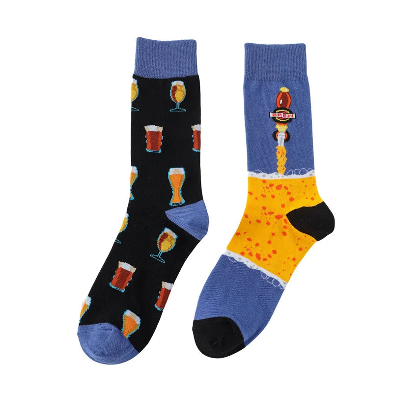 58 Style Food Theme Men Cartoon Socks Cotton Fruit Banana beer coffee bean doughnut sandwich hamburger sushi ice crea Long Socks