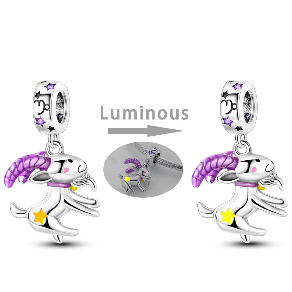 Zodiac Signs Original Charms 925 Sterling Silver Glow in Dark Pendants Beads Fit Bracelet DIY Jewelry Birthday Gift for Women