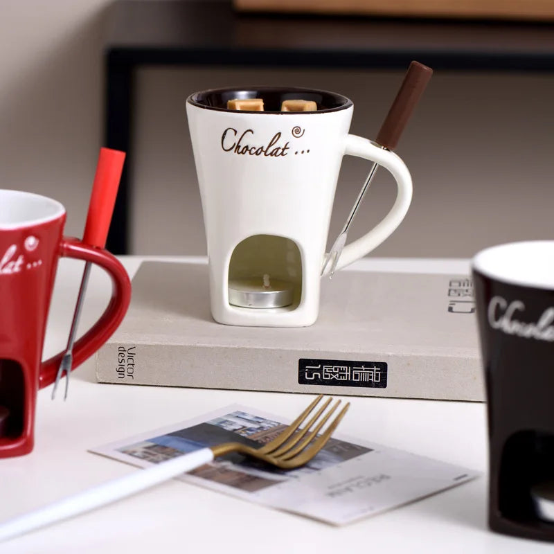 European Candle Cup Cheese Chocolate Melting Ceramic Mug Heating Food Ceramic Mug with Fork Creative Coffee Mug Tableware 130ML