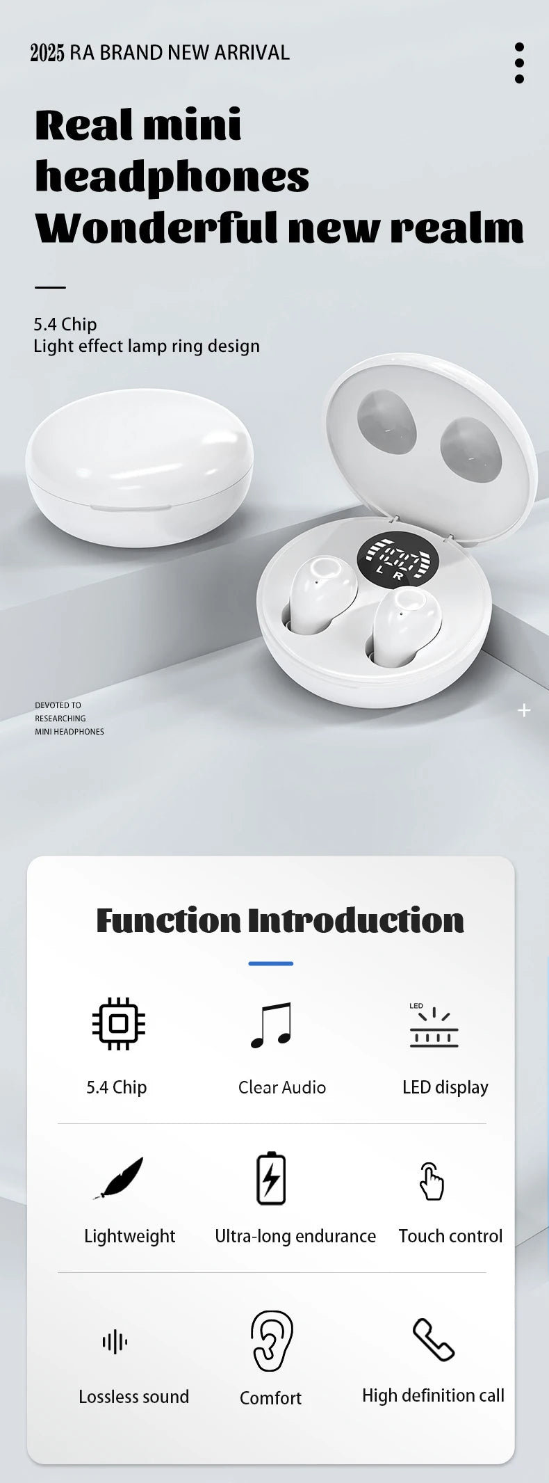 SK31 Mini Invisible Headphones Wireless Bluetooth 5.4 Headphones Bass Sleeping Headphones with Microphone Noise Cancellation HD