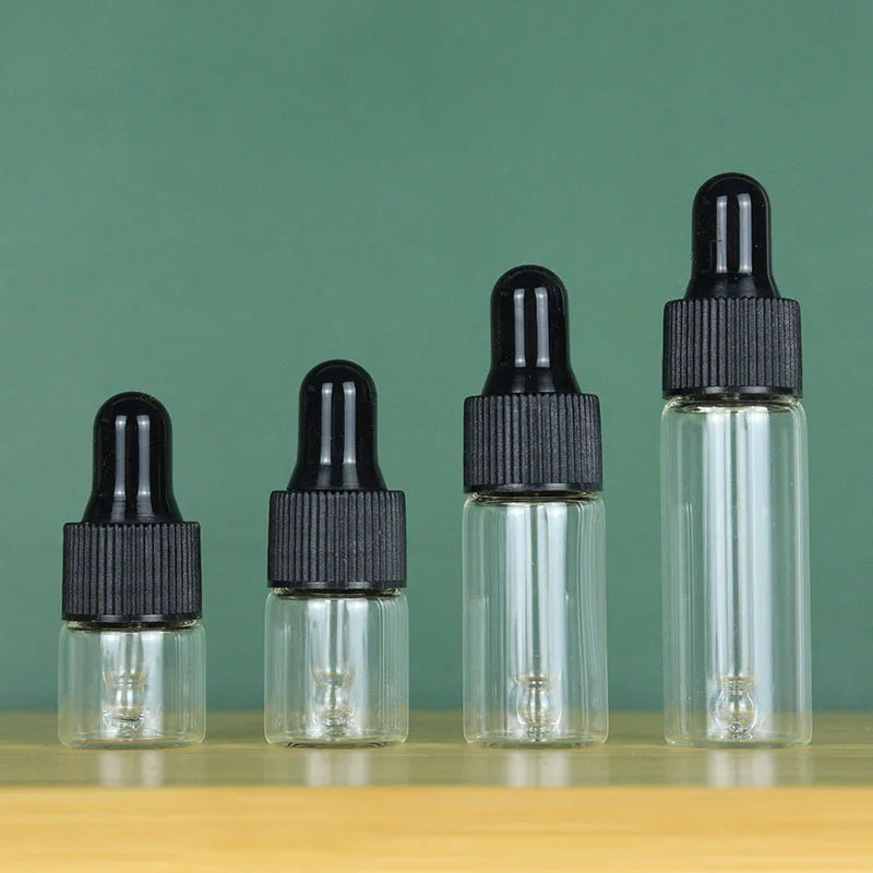 50/100PCS Clear Glass Dropping Bottles 1ml 3ml 5ml Mini Essential Oil Dropper Bottles Empty Travel Sample Vials with Black Cap