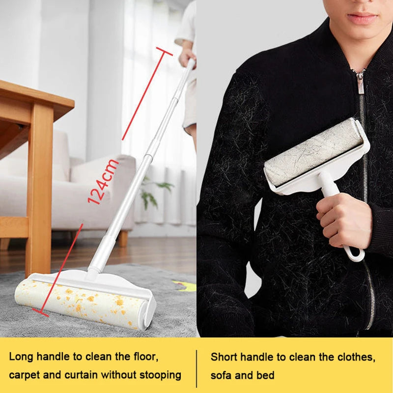 Long Handle Lint Roller Brush Pet Hair Remover Roller Retractable Dust Hair Roller Stick Tearable Clothes Bed Hair Removal Brush