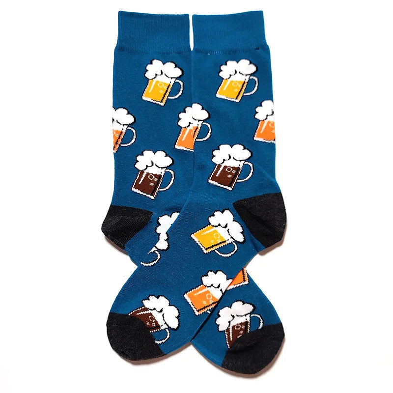 58 Style Food Theme Men Cartoon Socks Cotton Fruit Banana beer coffee bean doughnut sandwich hamburger sushi ice crea Long Socks
