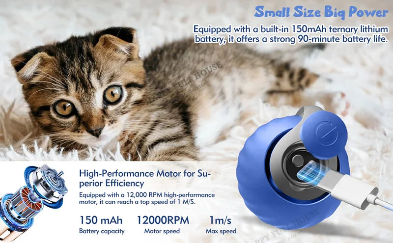 Smart Interactive Cat Toy Balls, Speedy Tail 2.0 Cat Toys, 2 Speed Adjustment Automatic Moving Ball with Replacement Tail