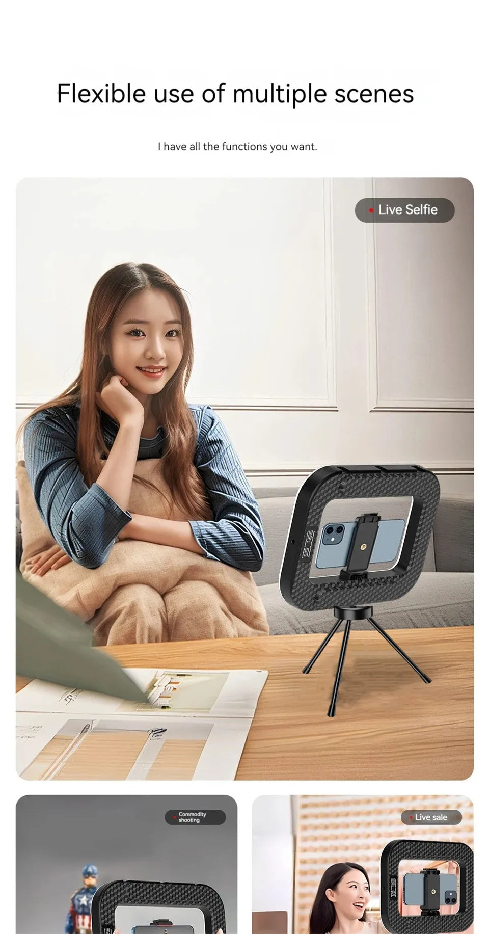 Roreta Handheld Ring LED Rechargeable Portable Mobile Phone Live Broadcast Photography Desktop Rabbit Cage Selfie fill Light
