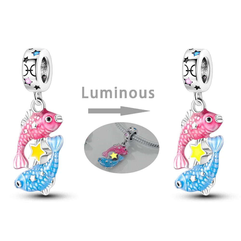 Zodiac Signs Original Charms 925 Sterling Silver Glow in Dark Pendants Beads Fit Bracelet DIY Jewelry Birthday Gift for Women