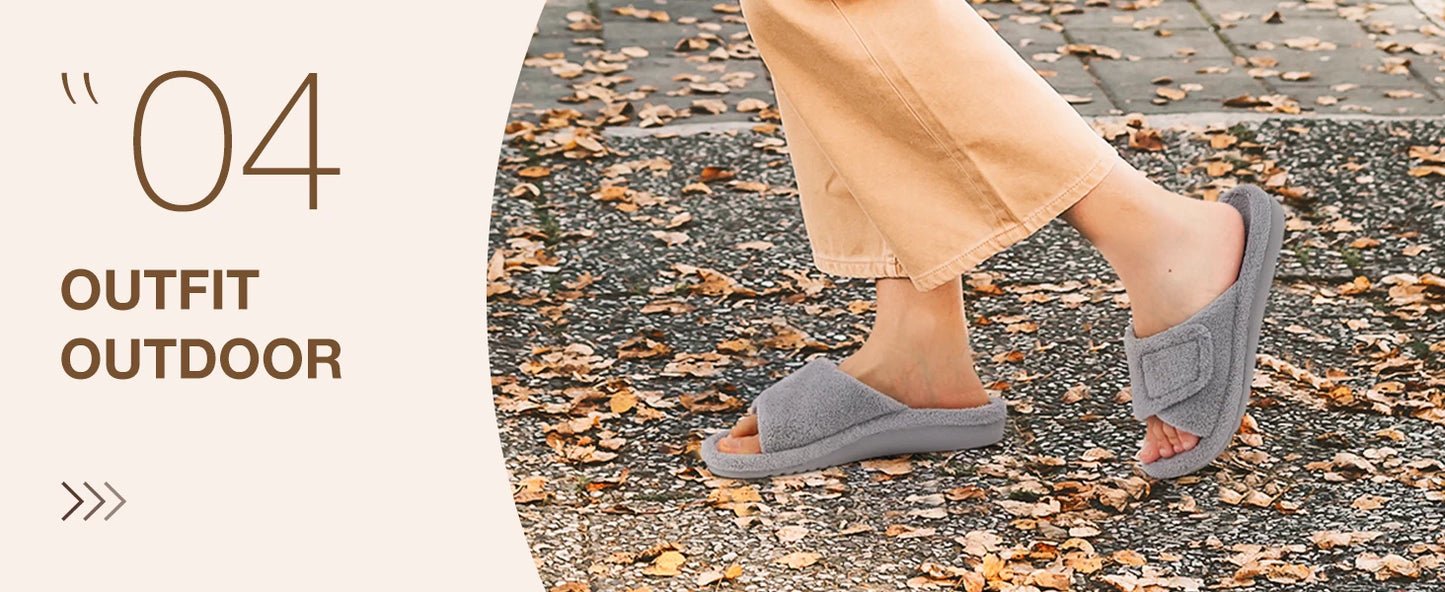 Litfun Women Fuzzy House Slippers Orthopedic Plush Slide With Arch Support Non-slip Furry Bedroom Slide Open Toe Fur House Shoes