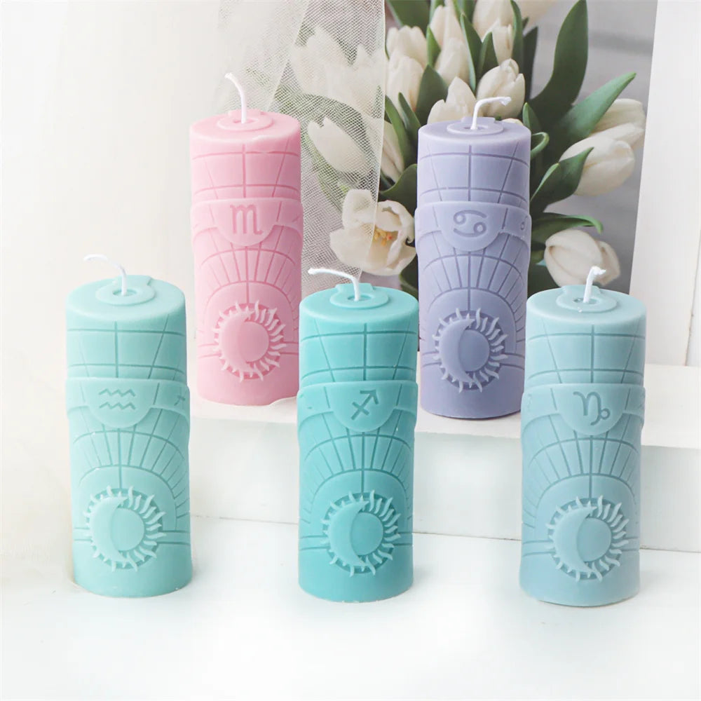Zodiac Pillar Candle Mold DIY Twelve Constellation Tall Cylindrical Sun Luna Moon Pattern Silicone Mold Astrological Sign Decor