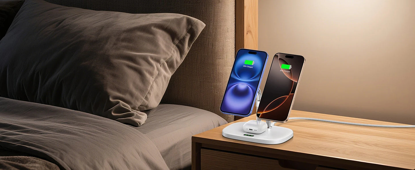 SwanScout 706M 3 In 1 Dual Magnetic Charging Station for iPhone 17 Pro Max 16 15 14 13 Wireless Charger for AirPods 4 3 Pro 3 2