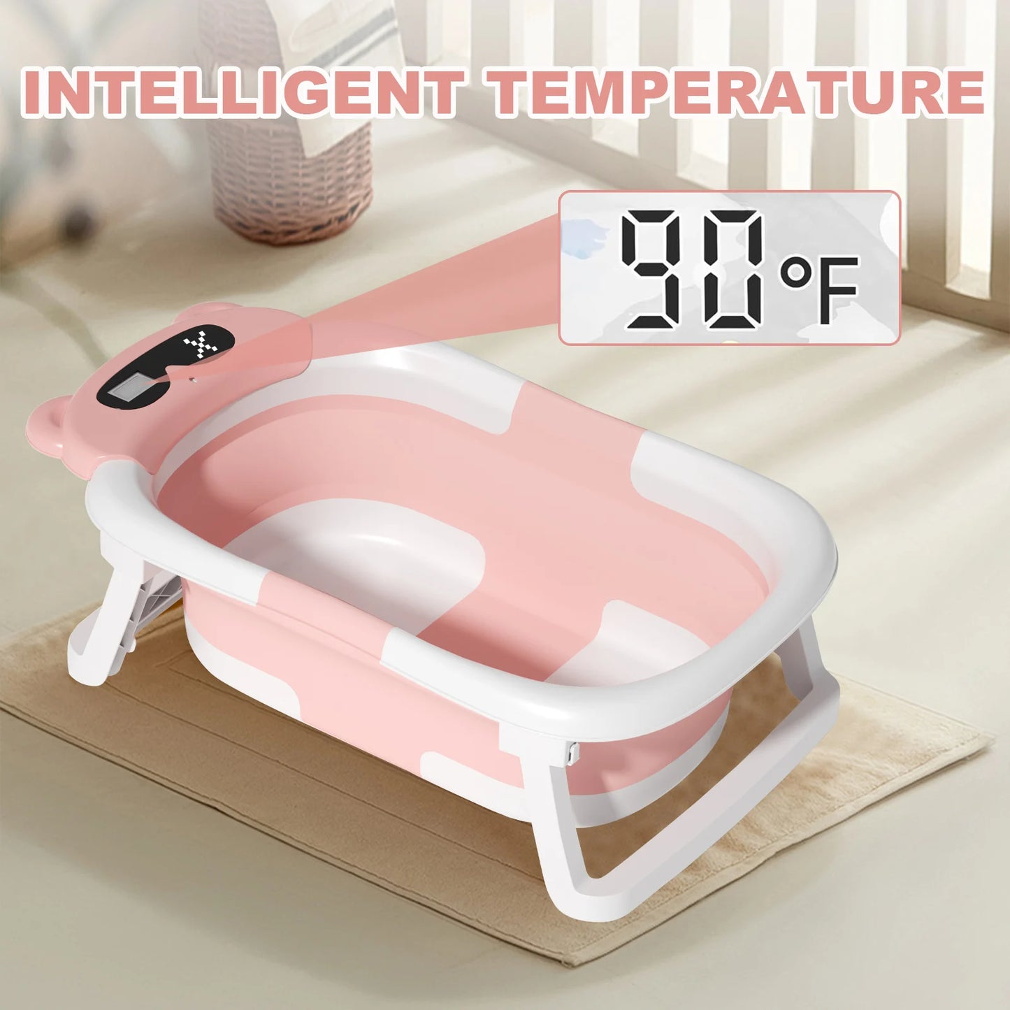 Eco-friendly Baby Bath with Temperature Indicator,Foldable Baby Bathtub for Newborn Baby Bath Tub,Infant Bath Tub with bath mat