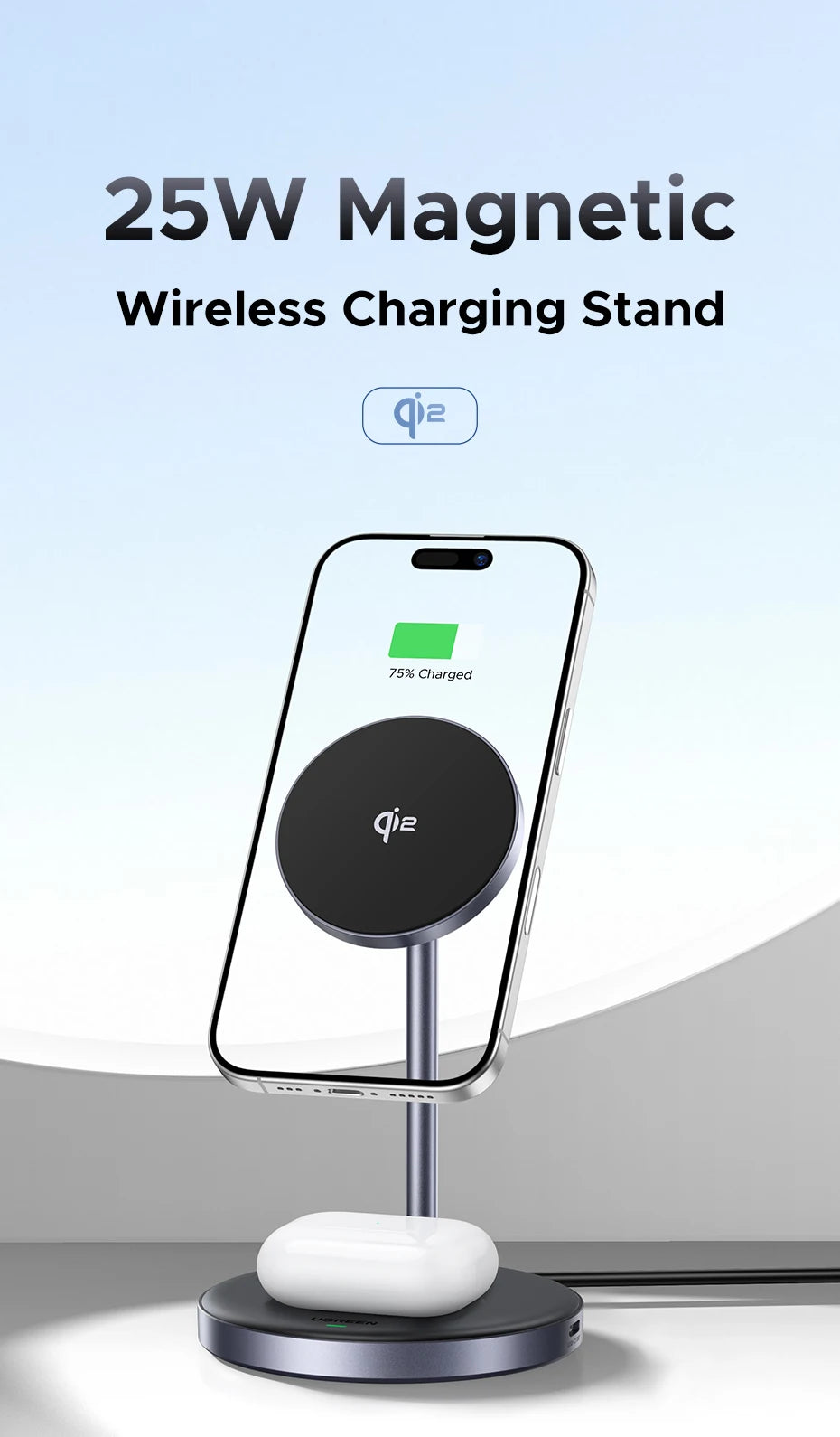 UGREEN Qi2 25W Magnetic Wireless Charger Stand Charging Holder For iPhone 16 15 Pro Max/AirPods Fast Charger for MagSafe
