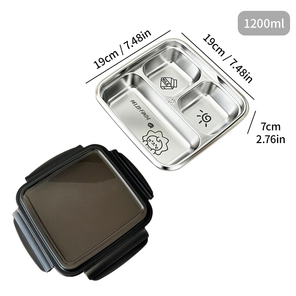 WORTHBUY Cute Pattern Lunch Box Student Portable 304 Stainless Steel Divided Bento Box Leak-proof Sealed Lunch Container