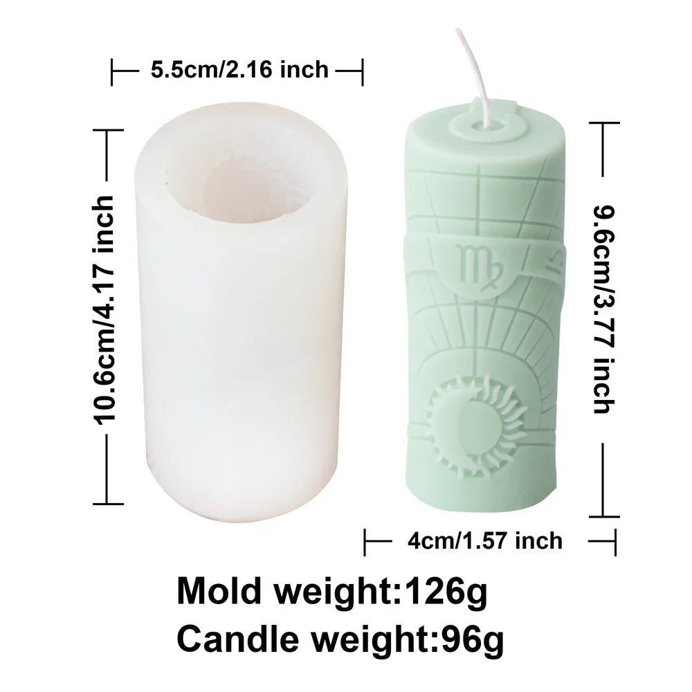 Zodiac Pillar Candle Mold DIY Twelve Constellation Tall Cylindrical Sun Luna Moon Pattern Silicone Mold Astrological Sign Decor