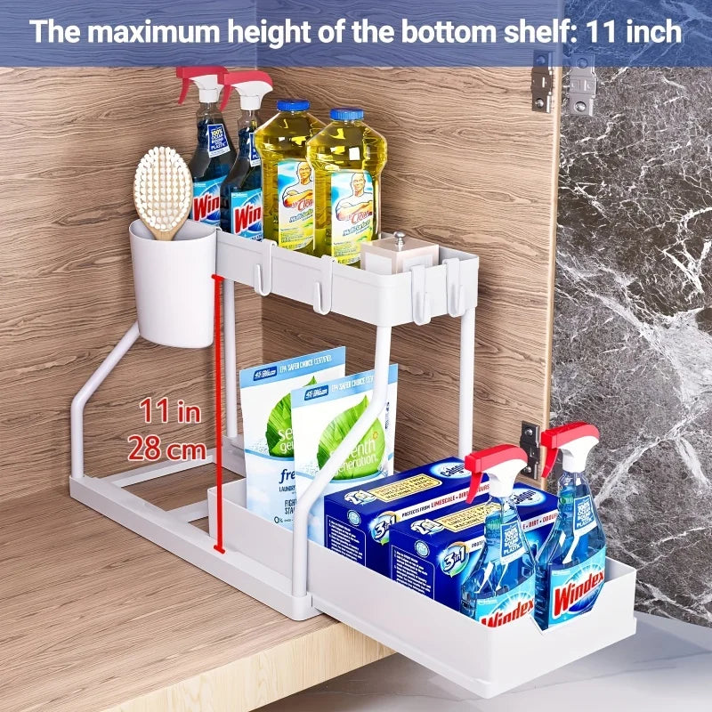 1Pc Under Sink 2 Tier Sliding Cabinet Basket Organizer Drawer Pull Out Cabinet Multi-Purpose Sink Organizer for Bathroom Kitchen
