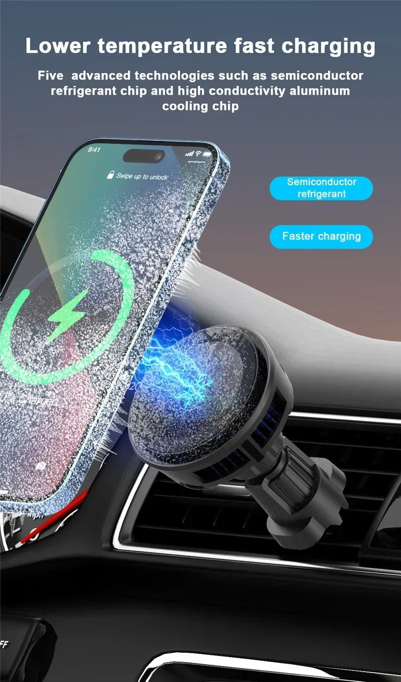 ice Cooling Magnetic Wireless Car Charger Stand for iPhone 16 15 14 13 12 Pro Max MacSafe Car Phone Holder Fast Charging Station