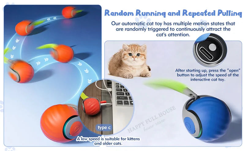 Smart Interactive Cat Toy Balls, Speedy Tail 2.0 Cat Toys, 2 Speed Adjustment Automatic Moving Ball with Replacement Tail