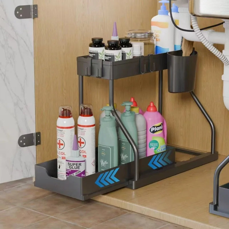 1Pc Under Sink 2 Tier Sliding Cabinet Basket Organizer Drawer Pull Out Cabinet Multi-Purpose Sink Organizer for Bathroom Kitchen