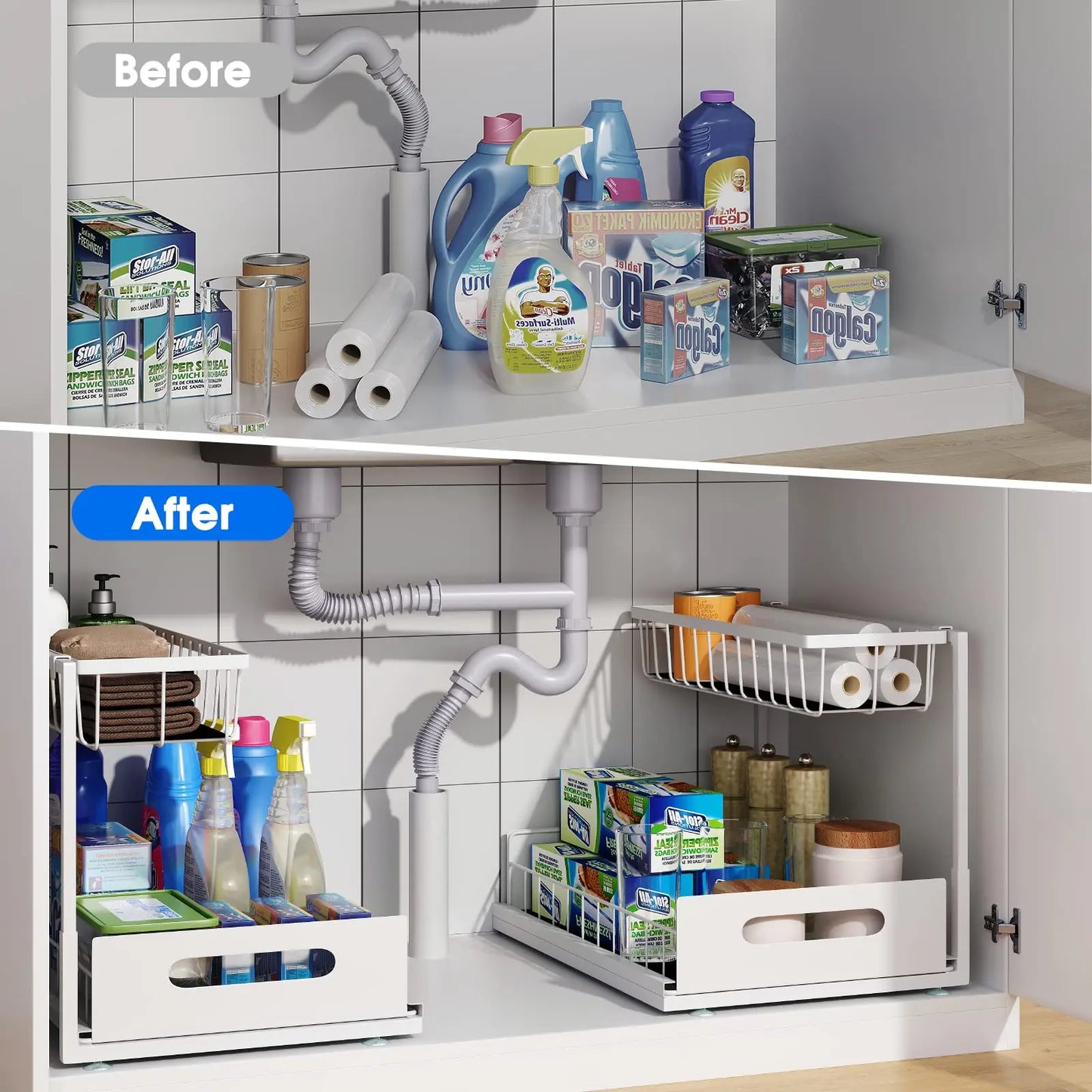 Under Sink 2 Tier Sliding Cabinet Basket Organizer Drawer Pull Out Cabinet Multi-Purpose Sink Organizer for Bathroom Kitchen