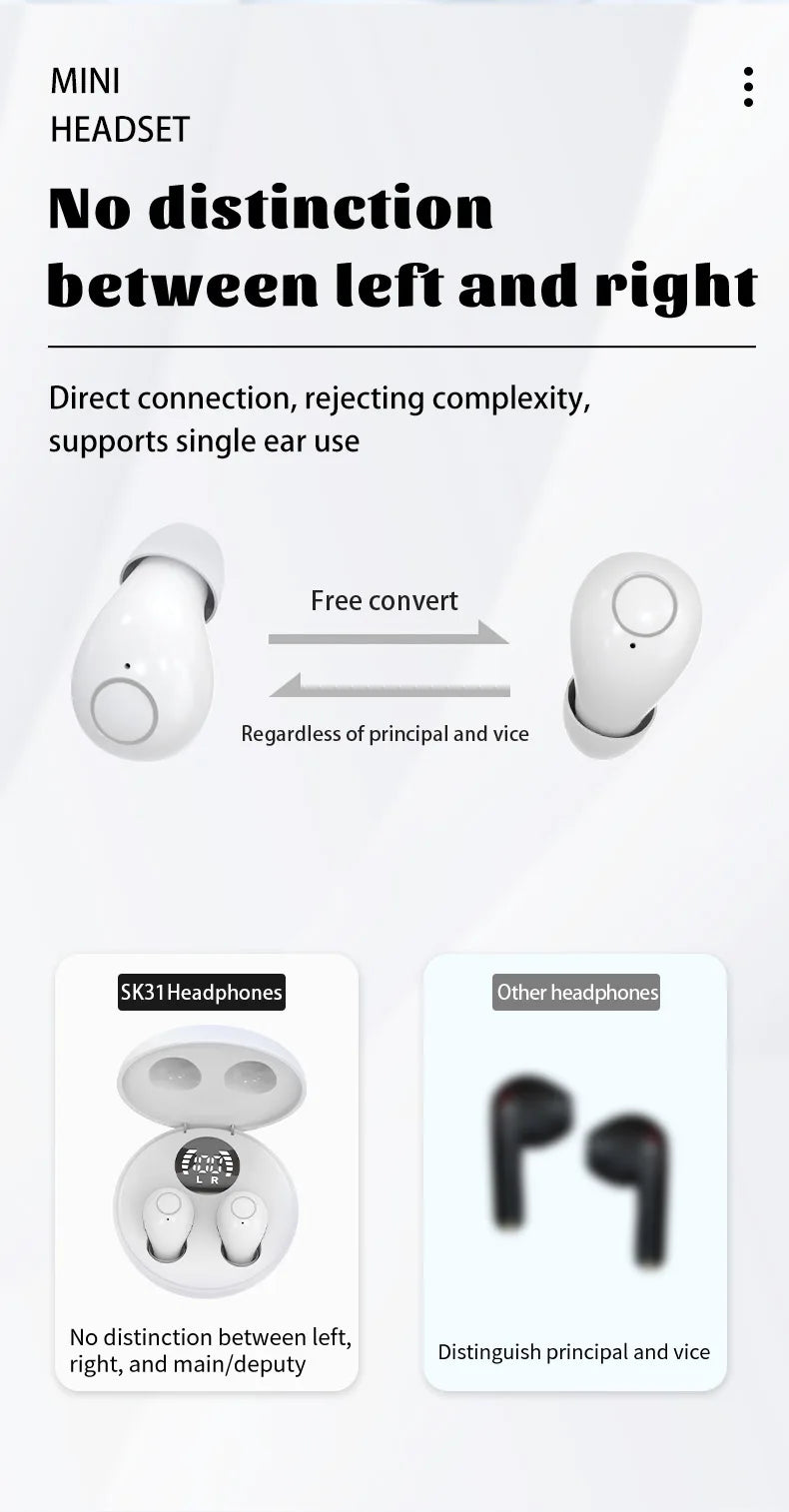 SK31 Mini Invisible Headphones Wireless Bluetooth 5.4 Headphones Bass Sleeping Headphones with Microphone Noise Cancellation HD
