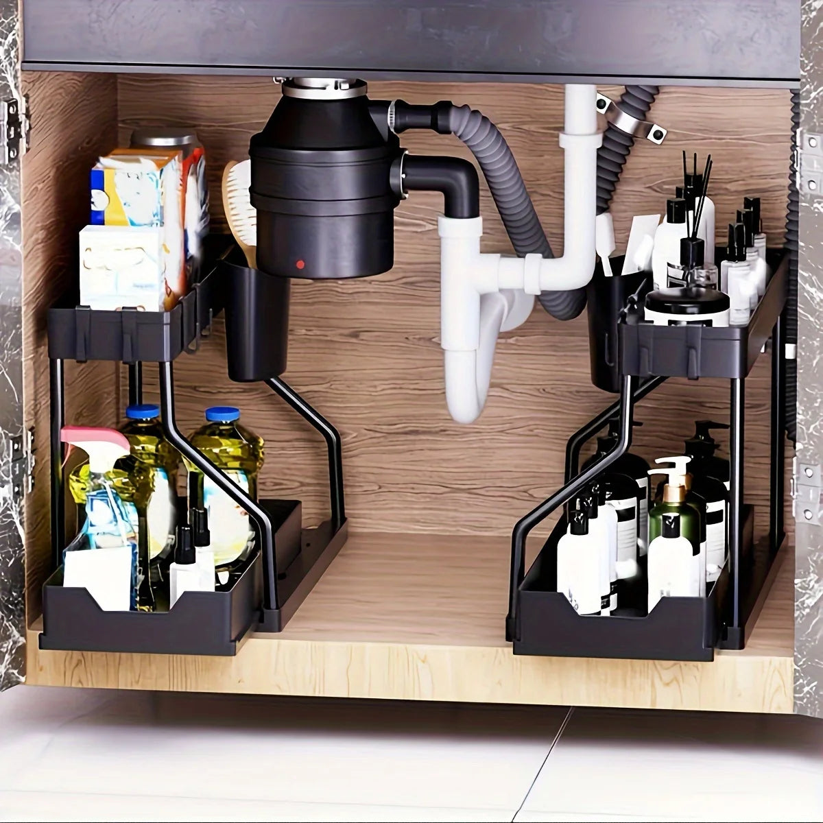 1Pc Under Sink 2 Tier Sliding Cabinet Basket Organizer Drawer Pull Out Cabinet Multi-Purpose Sink Organizer for Bathroom Kitchen