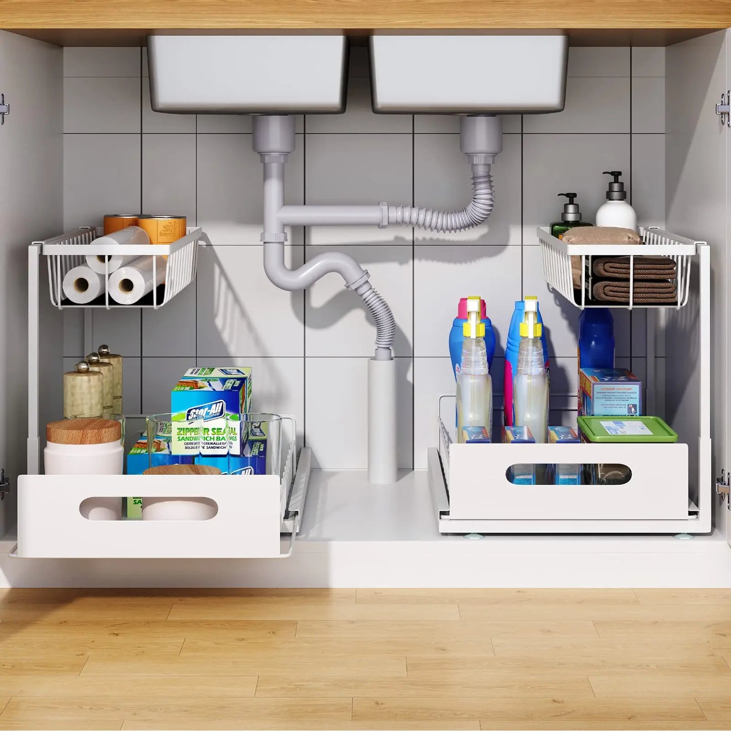 Under Sink 2 Tier Sliding Cabinet Basket Organizer Drawer Pull Out Cabinet Multi-Purpose Sink Organizer for Bathroom Kitchen