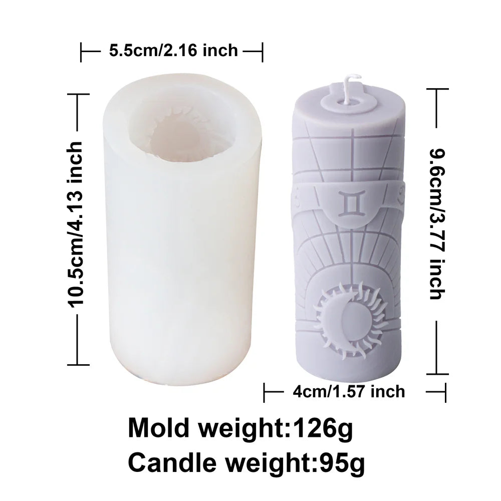 Zodiac Pillar Candle Mold DIY Twelve Constellation Tall Cylindrical Sun Luna Moon Pattern Silicone Mold Astrological Sign Decor